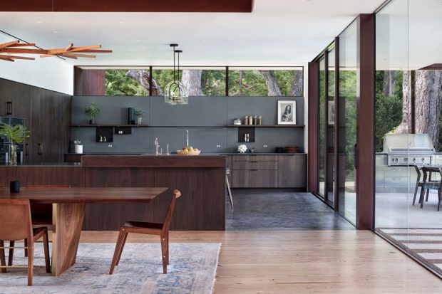 Open kitchen, gray-black tone, glass door